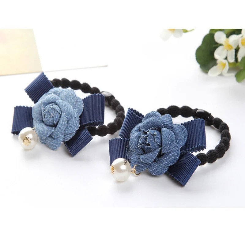 Fashion Korea Hair Accessories Rose Flower Denim Rubber Elastic Hairbands For Girl Women Ponytail Holder High Quality Headwear