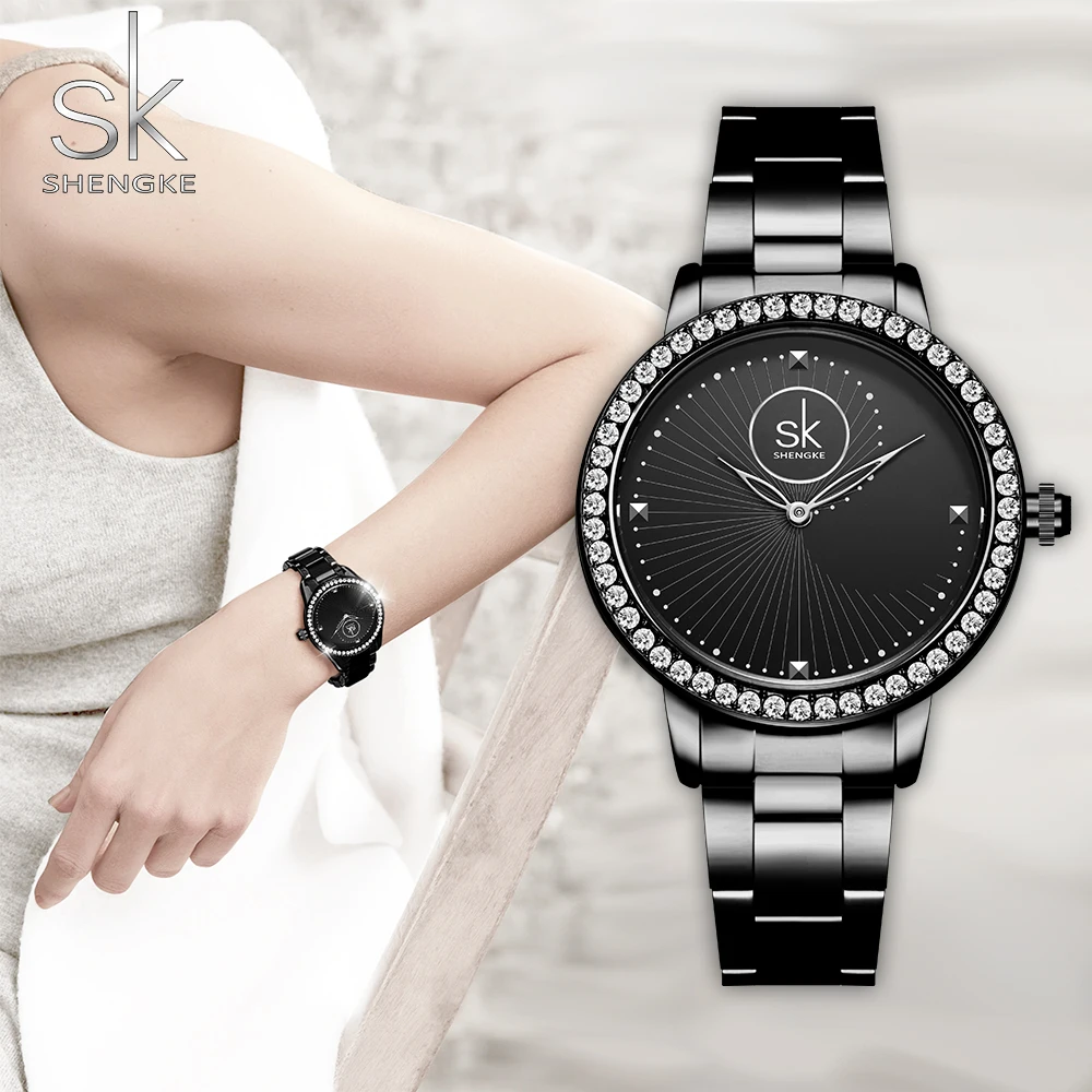 Shengke orologio da polso per donna quarzo giapponese impermeabile Relogio Feminino strass di lusso intero nero Reloj Mujer 2022