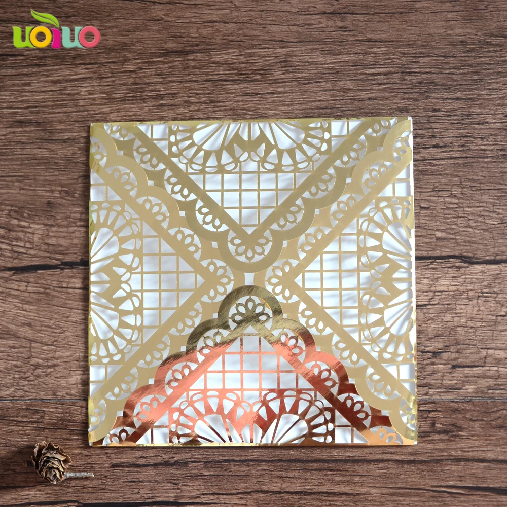 

50pc High Quality Invitation metallic gold Card craft laser cut four folded wedding party birthday invitation card