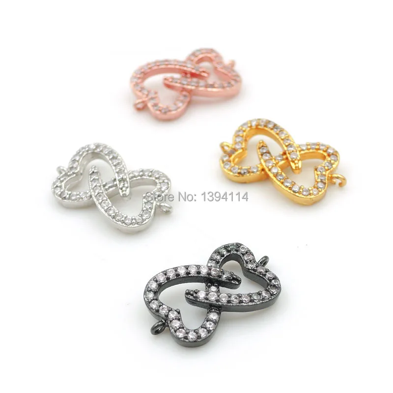 17*9*3mm Micro Pave Clear CZ Double Hearts Connector Fit For Women As DIY Bracelets Accessory