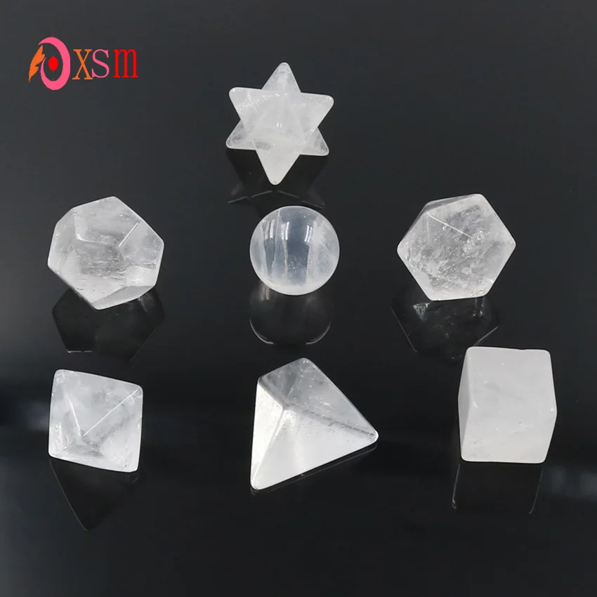 7Pcs Platonic Solids Sacred Geometry Symbols Merkaba Star Natural White Crystal Carved Stone Reiki Healing Balance Jewelry Beads