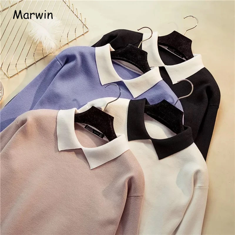 Marwin New-Coming Winter Korean Wild White Turn-Down Collar Pullovers Women Sweater Long Sleeve Slim Fit Knittted Preppy Kintwea