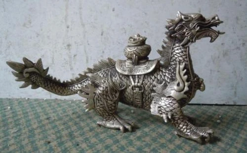 

China silver carved money and valuables dragon Sculpture Statue 23CM