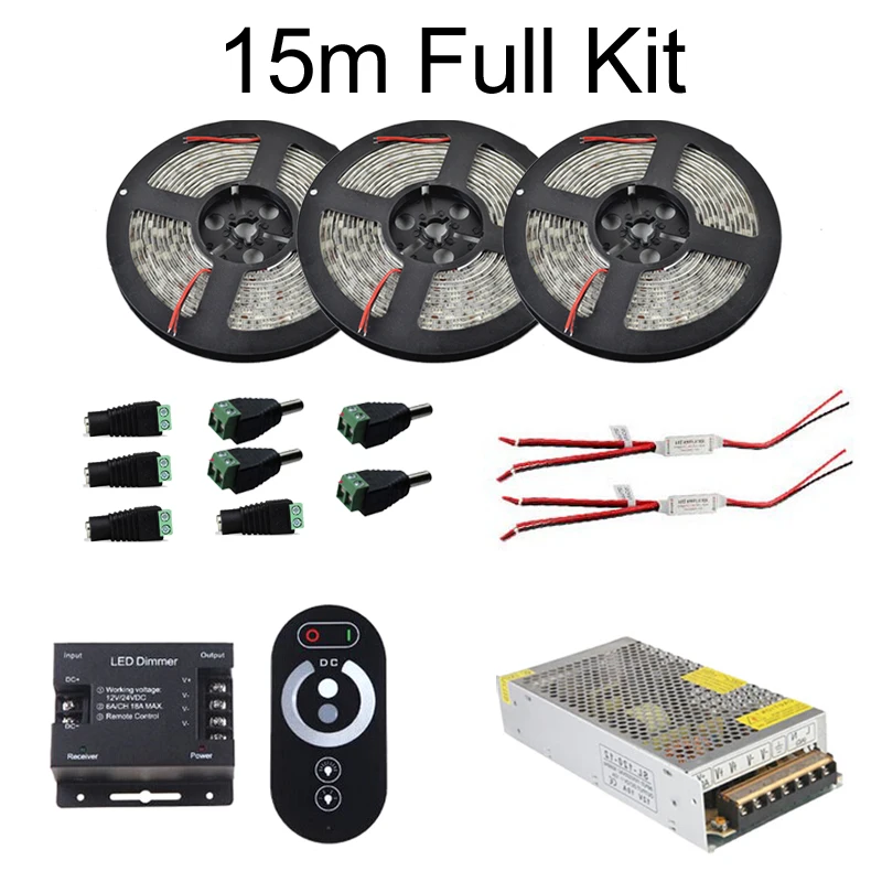 5m 10m 15m 20m Led Strip Waterproof 5050 300 leds IP65 tape Red Green Blue White +RF Touch dimmer Controller + Power Adapter Kit