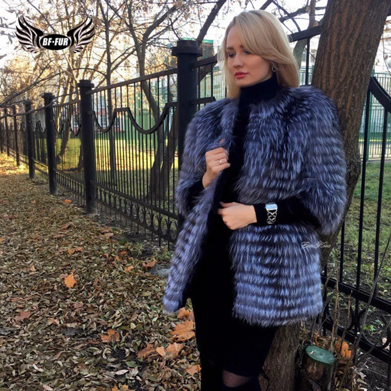 BFFUR Real Fur Coat Luxury Women Winter Fashion Style Natural Fur Vest Coat Female Silver Fox Fur Coat Russian Fur Coats Slim