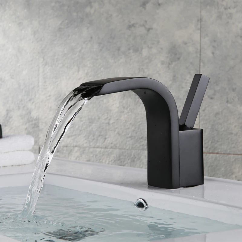 Solid Brass Floor Mount Shower set Mixer Valve Matte black square multi-function waterfall bathroom freestanding tub faucet