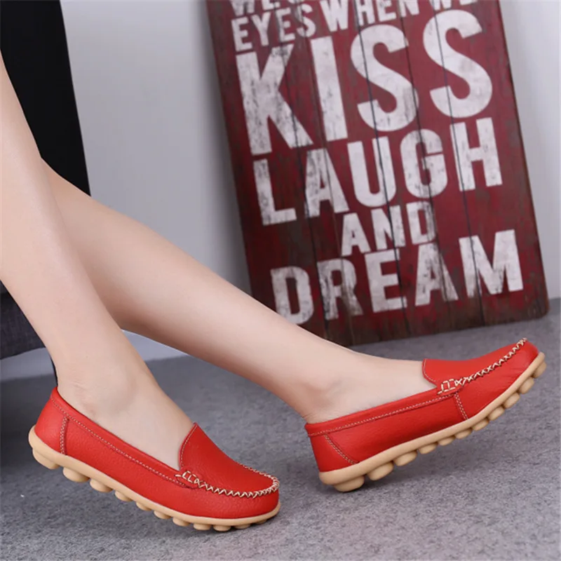 WOIZGIC Female Ladies Women Mother Genuine Leather Shoes Flats Loafers Slip On Moccasin Sapatos Femininos Size 41 42 XLZ-918