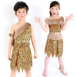 children savage caveman costumes boy leopard African tribal Hunter clothing for girl Performance costumes cosplay dress