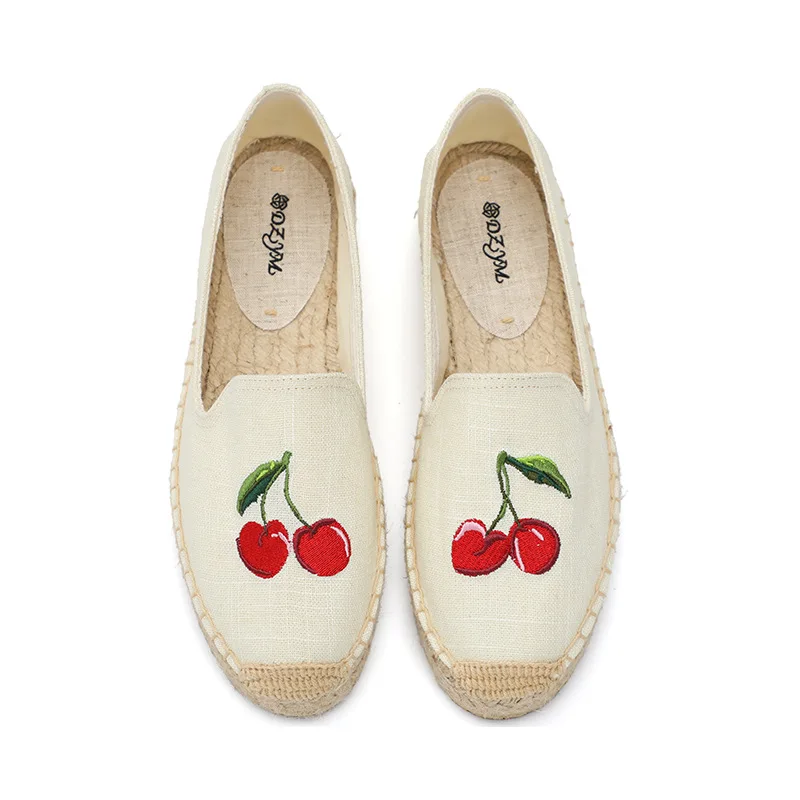 DZYM Summer Cherry Embroidery Women Fisherman Shoes Straw-woven Loafers Flax Flats Leisure Linen Flax Lady Canvas Espadrilles