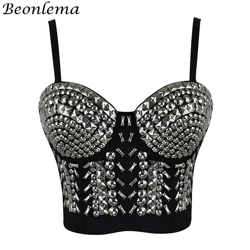 

BEONLEMA Steampunk Corset Sexy Gold Silver Spike Bra Punk Goth Lenceria Shiny Bra Top 4 Rows Hooks Eyes for Women Club Wear