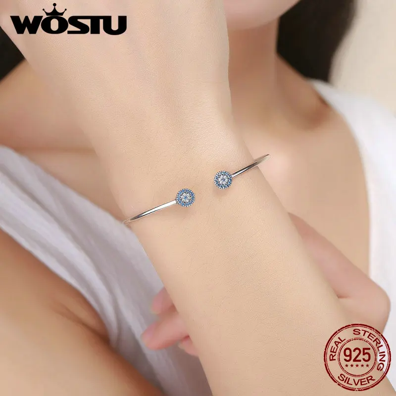 WOSTU Genuine 925 Sterling Silver Lucky Blue Eyes Blue CZ Open Cuff Bangle & Bracelet For Women Luxury Silver Jewelry CQB058