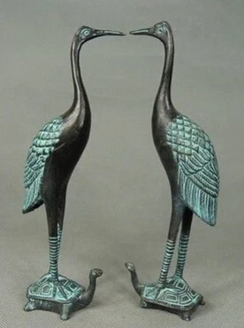 

Art Bronze Decoration Crafts Brass 7inch A pair of Chinese Hand Carved red-crowned crane Tortoise Statue Bronze