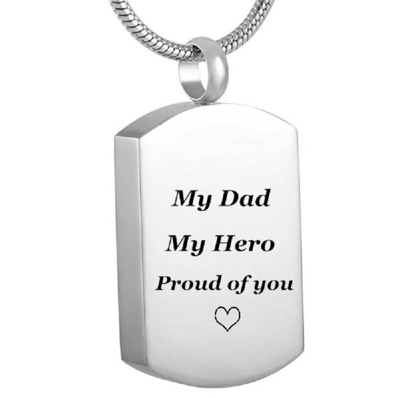 IJD9118 My Dad My Hero Carved Stainless Steel Dog Tag Style Cremation Pendant for Men/Women's Loved One Ashes Keepsake Pendant