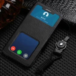 Business Double View Window Flip PU Leather Case For Xiaomi Redmi K20 K30 K40 Pro Plus Note 9 8 7 5 Pro 4 4X 8A 6A Lanyard Cover