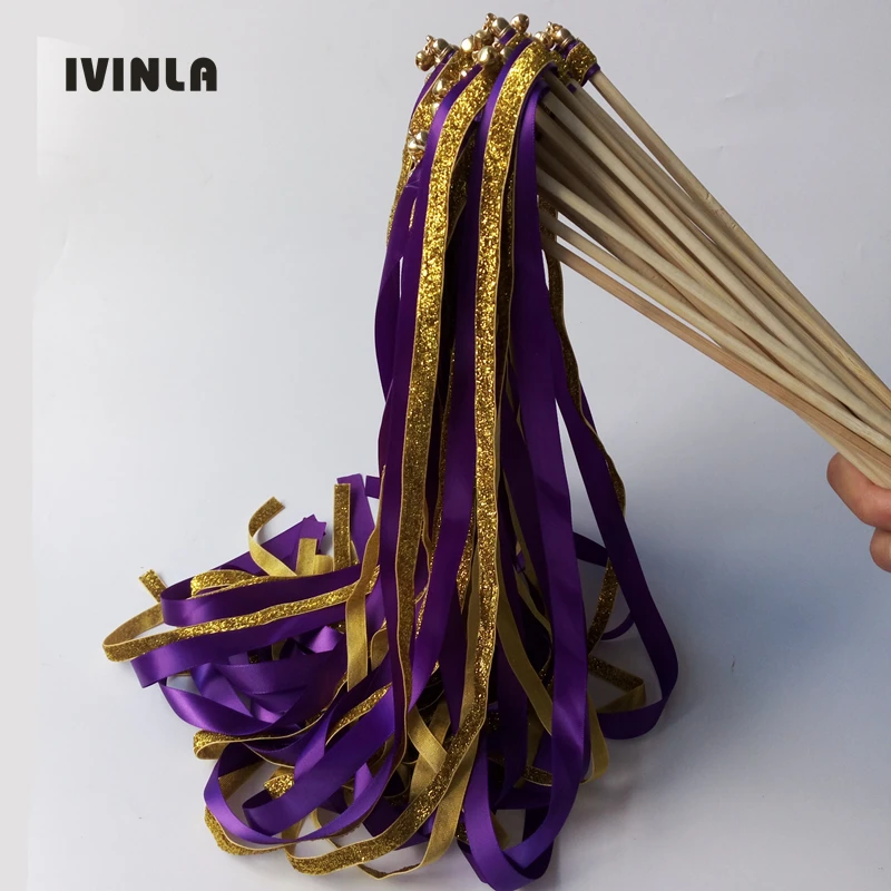 

New Arrived purple weddin glitter ribbon wands with gold bell for wedding party decoration 50Pieces/Lot