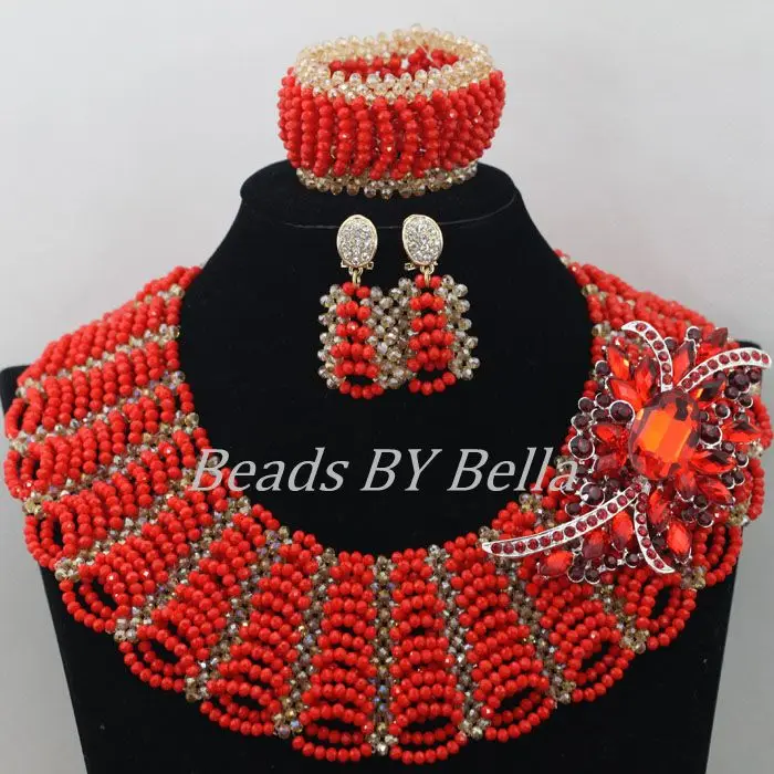 Hot Red Statement Choker Necklace African Wedding Beads for Women Set Dubai Costume Bridal Lace Jewelry Set Free Shipping ABF550