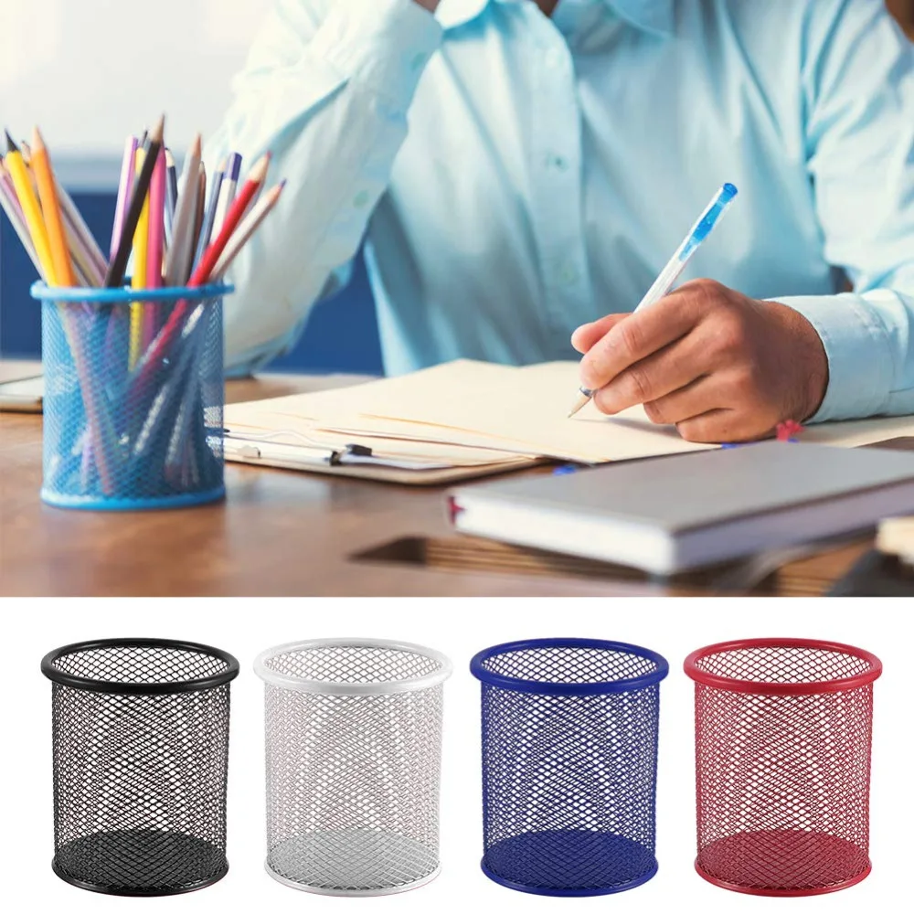 XRHYY 2 Pcs 5 Farben Mesh Runde Desktop-Organizer Runde Metall Stift Lineal Augenbraue Bleistift Make-Up Pinsel Tasse Halter Hause büro