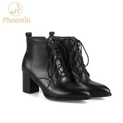 Phoentin lace-up women ankle boots 6cm high heel  pointed toe boots side zipper open shoes woman new arrival 2017 FT166