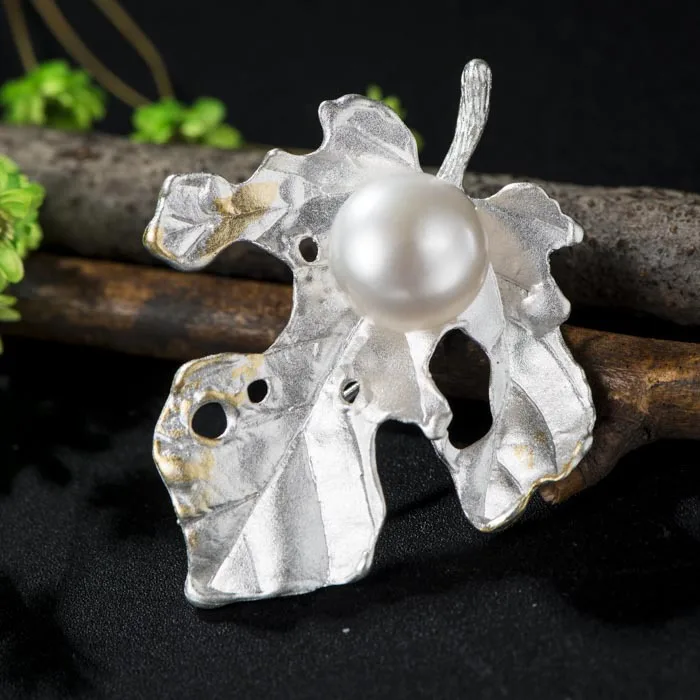 925 Silver Pearl Maple Leaf Brooch Original Fashion Style