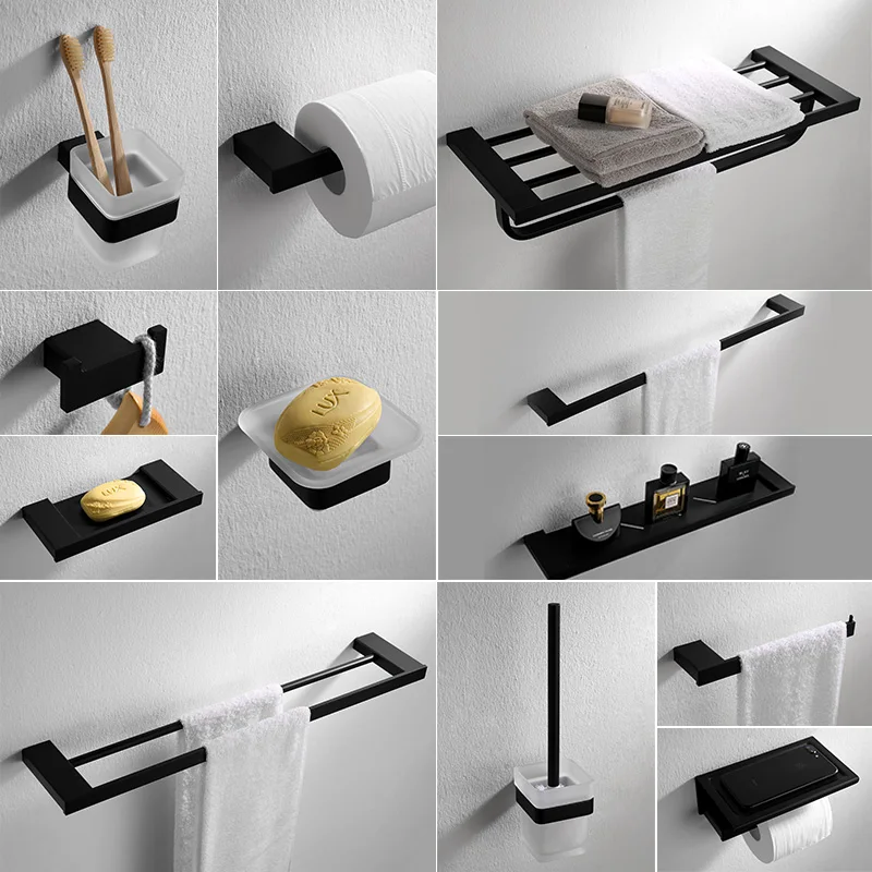 

Black High quality Stainless steel 12PCS/Set Towel rack bar Shelf Robe hook paper holder Bathroom hardware accessories Set