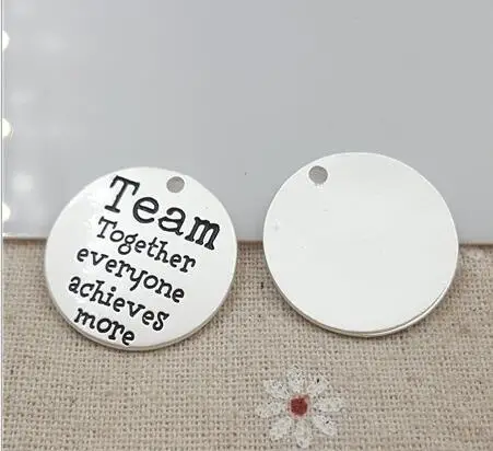 Hoting selling 10 Pieces/Lot 25mm Letter Printed team together everyone achieves more charm round disc message charm