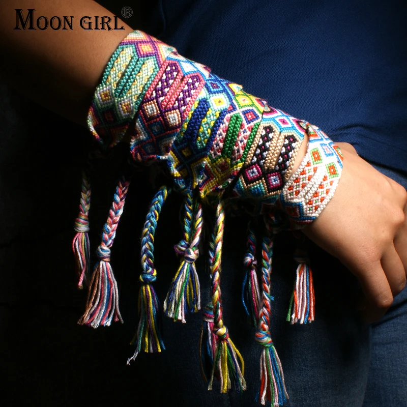 MOON GIRL Fashion Hand Weave Bohemian Geneva Charms Bracelet Vintage Boho Adjustable Cotton Rope Bracelet for Women Dropship