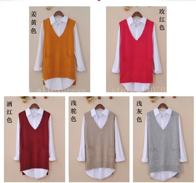 spring autumn pure wool sweater women vest sweater vest pocket female mid-length vest v-nect collar kimono jacket pullo