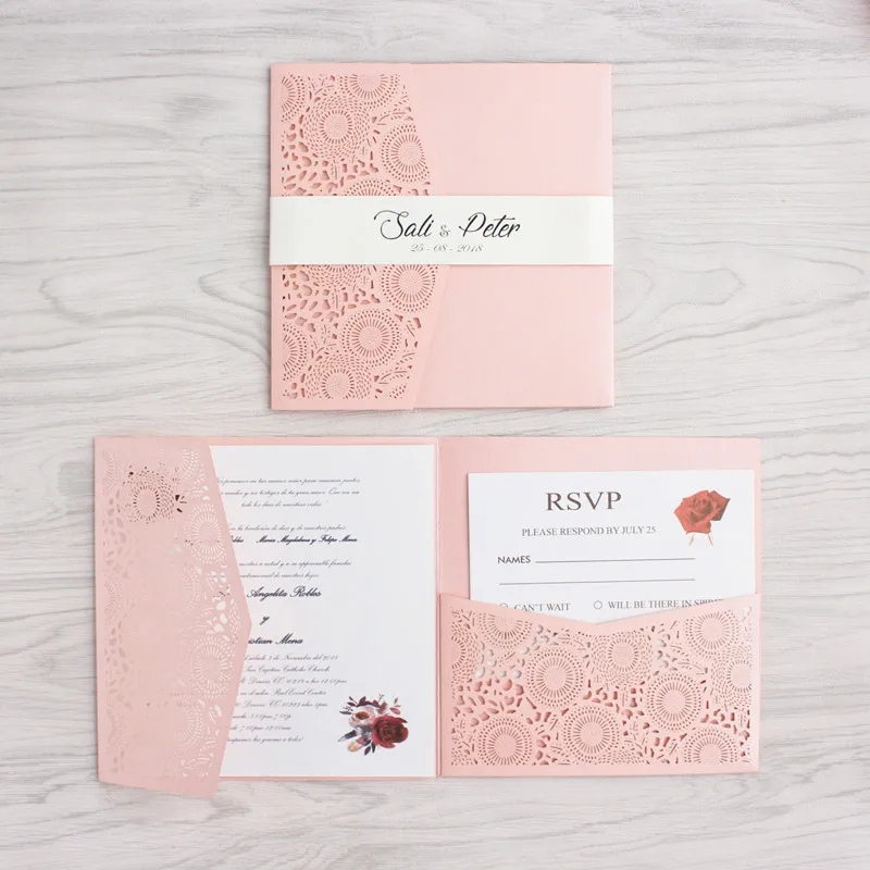 

Pink flower laser cut card invitation with RSVP envelop belly band tri-fold pocket invites wedding party supply free printing