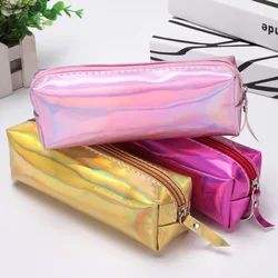 Holográfica cor metálica laser falso couro lápis saco mulher cosméticos maquiagem bolsa menina estudante bolsa papelaria pencilcase