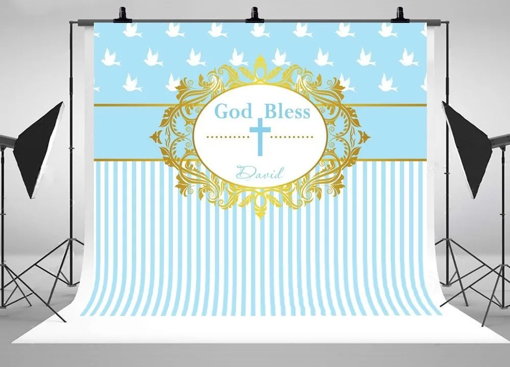 Custom Blue Gold Prince God Bless Baptism First Communion backdrop  High quality Computer print party background