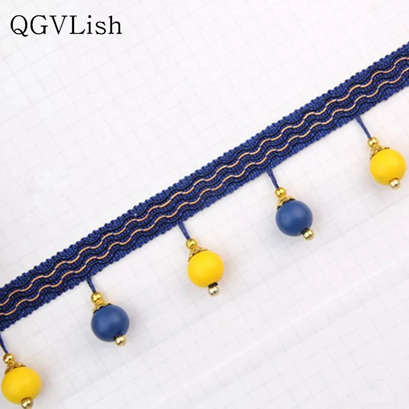 QGVLish 12M Wood Balls Curtain Lace Trim Ribbon DIY Sewing Sofa Stage Valance Home Decor Lace Tassel Belt Curtain Accessories