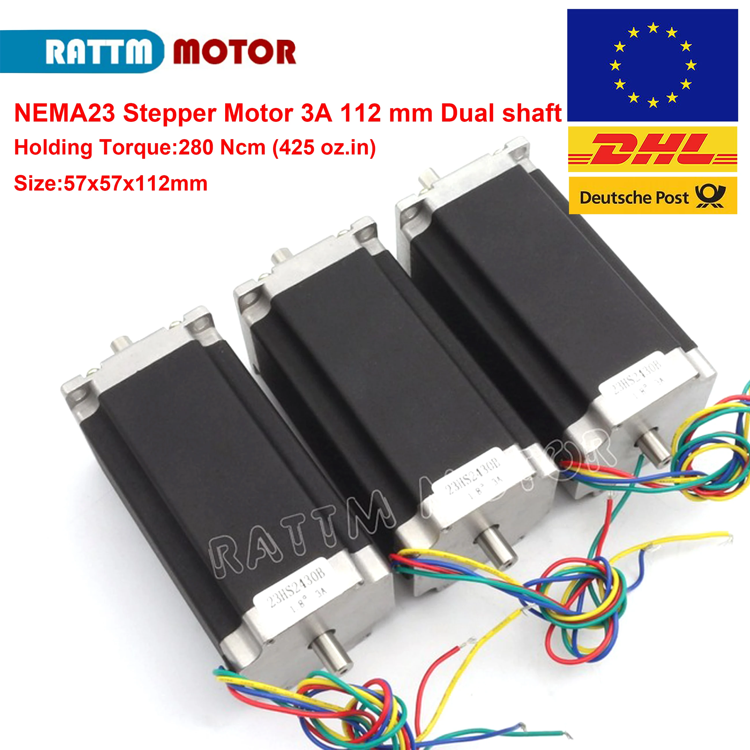 

3pcs Nema 23 stepper motor Dual shaft 57x112mm 2.8N.cm 425 Oz-in 4 wires 3A for 3D printer parts CNC engraving machine 23HS2430B