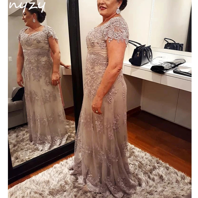 Nyzy m60 champanhe de manga curta mãe da noiva vestidos plus size noivo mãe rendas vestidos 2019 festa casamento noite