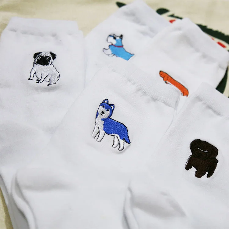 cute animal husky embroidery women cotton white socks lovely dog Jacquard female pure color socks funny kawaii pug meias soks