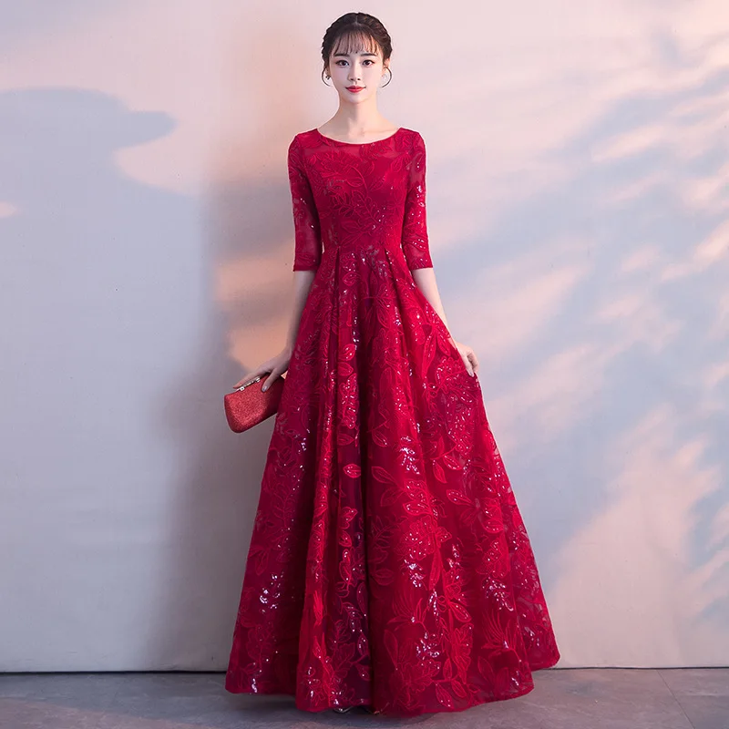 

Elegant Formal Evening Dress O-neck Half Sleeve a Line Prom Dresses Shinning Sequins Floor Length Wine Red Black Party Dresses