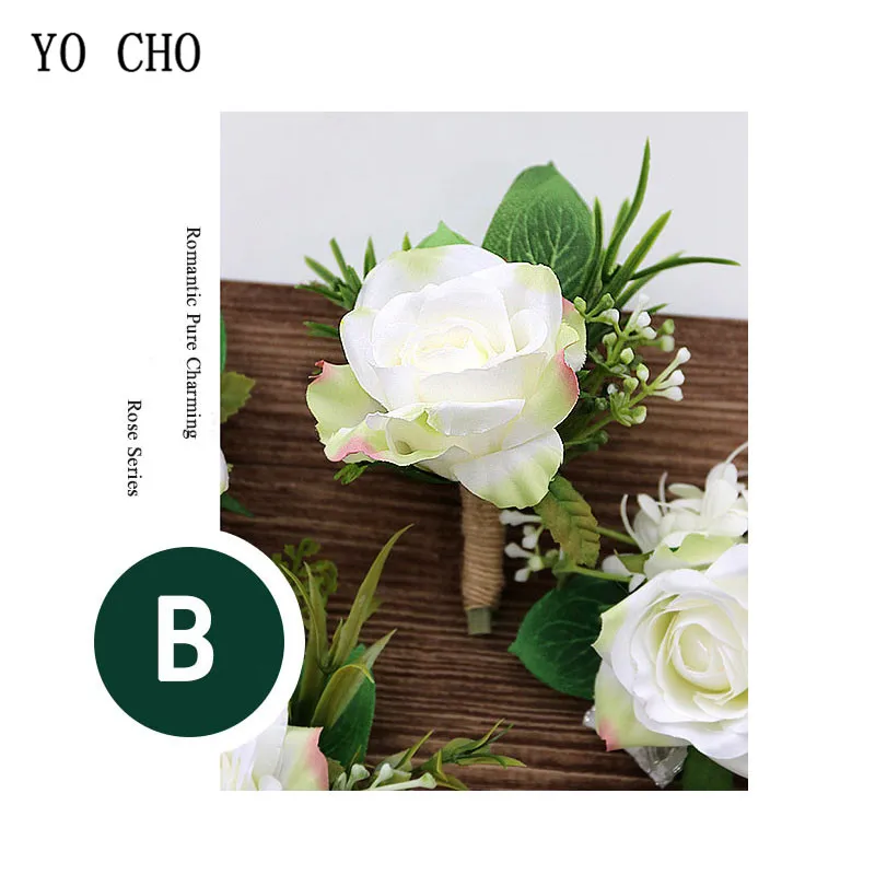 YO CHO Quality Wedding Decor White Artificial Wrist Flower Silk Rose Boutonniere Ribbon Party Prom Bridemaid Corsage Hand Flower