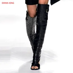 Runway Back Cut-Out Women Summer Boots 2020 Ladies Fashion High Heels Roman Sandals Black Over The Knee Gladiator Sandals Shoes