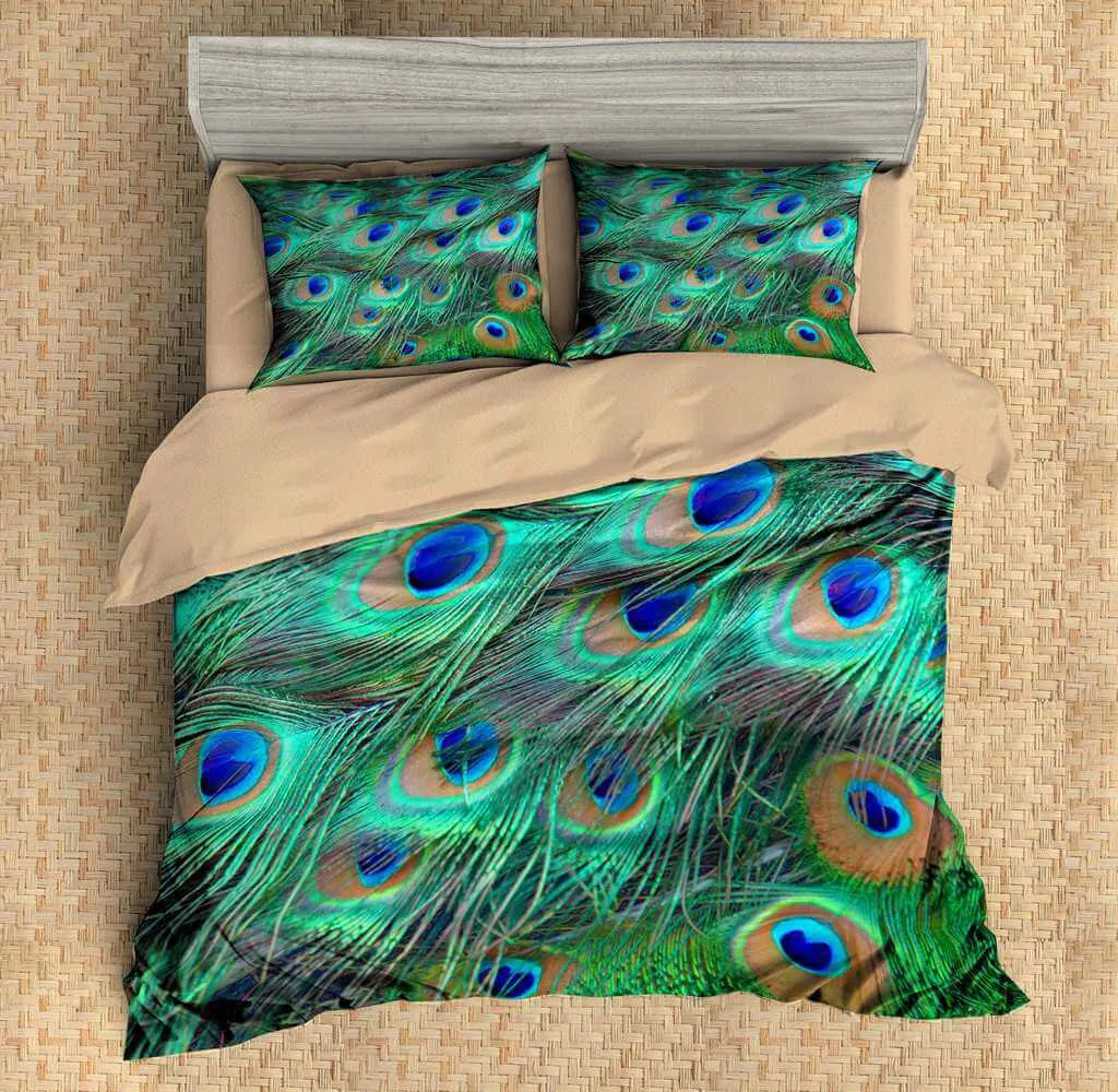 Peacock feather Duvet Cover with pillowcase with green Bedding Set Bohemian bedding 3pcs  kids bedding set