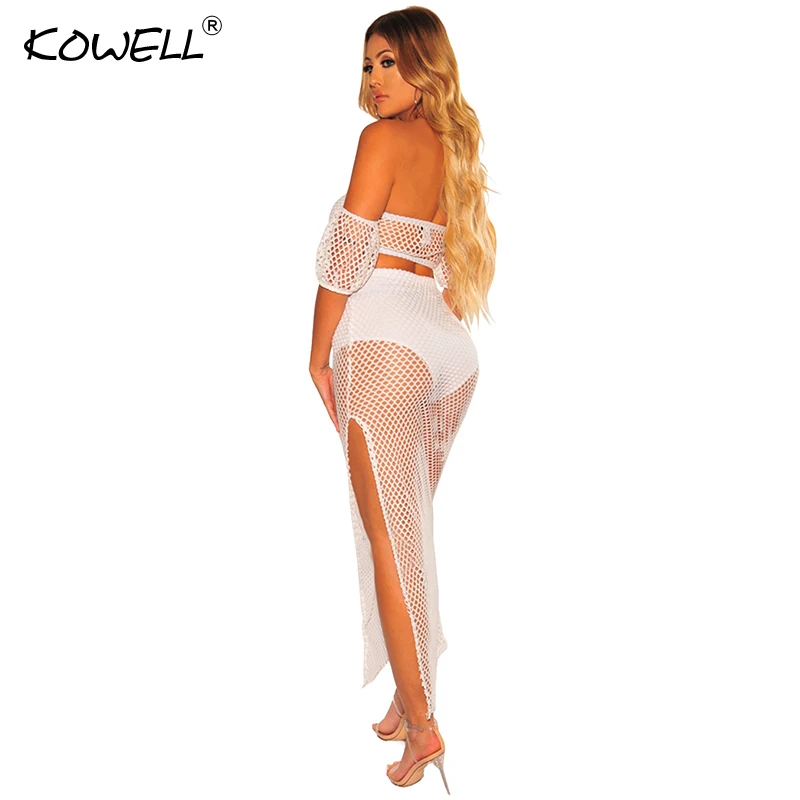 2019 Summer Fishnet Knit Sexy Two Piece Set Women Off Shoulder Crop Top and Maxi Skirt Matching Sets Summer Outfits Beach Dress