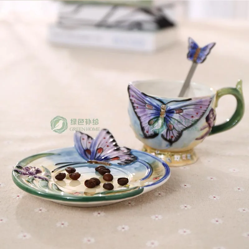 European Style Ceramic Hand-painted Butterfly Coffee Cup 3D Colored Enamel Porcelain Cups with Saucer and Teaspoon