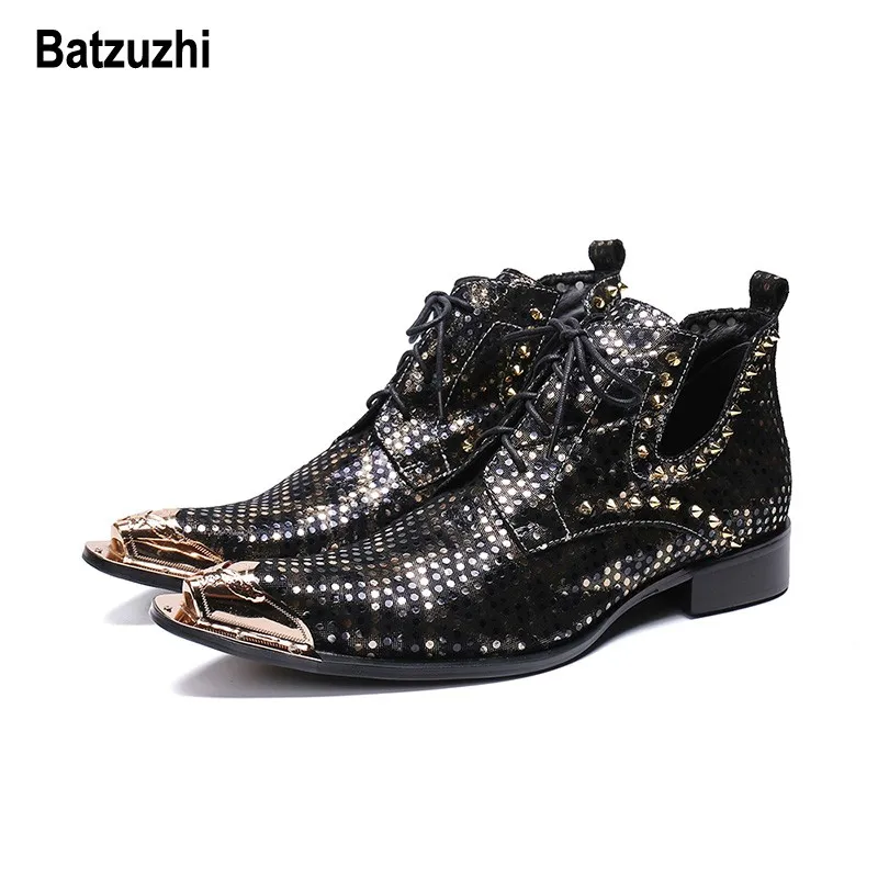 Batzuzhi Italy Type Men Shoes Fashion Black Leather Boots Men Pointed Metal Tip Lace-up with Rivets botas hombre Party Boots Man