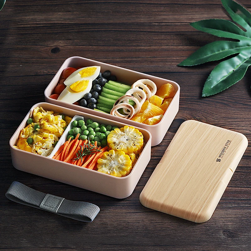 1200ML  Microwave Double Layer Lunch Box Portable Wooden Feeling Salad Bento Box BPA Free Food Storage Container