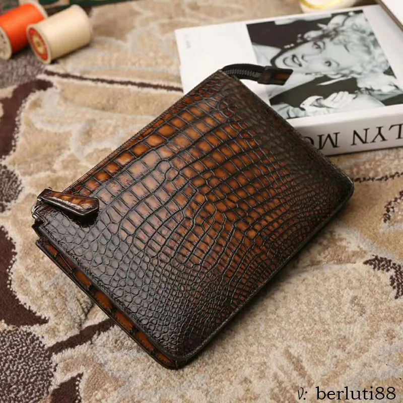 

Luxury Nino Alligator Leather Document Holder genuine crocodile patina leather clutch handbag for men handmade dropship price