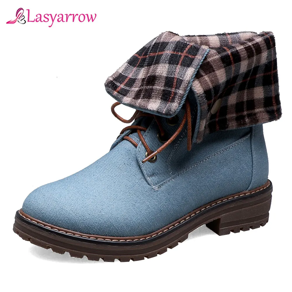 

Lasyarrow 2019 hot sale women ankle boots pu denim warm winter boots lace up round square heel shoes woman snow boots J985