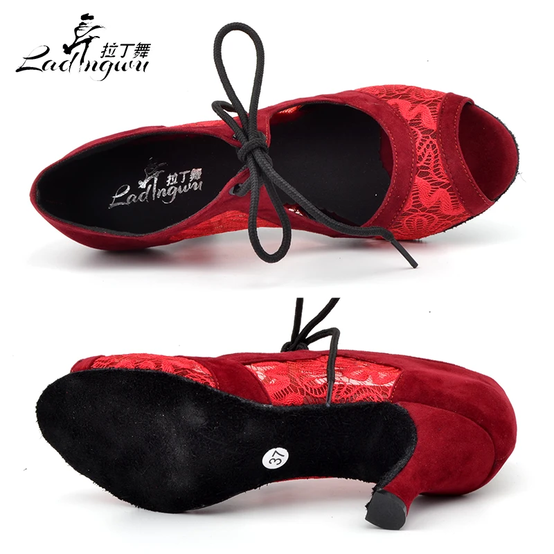 Ladingwu New Lace Collocation Flannel Dancing Shoes For Women Spring and Summer Latin Salsa Dance Sandals Black/Red Shoes Woman