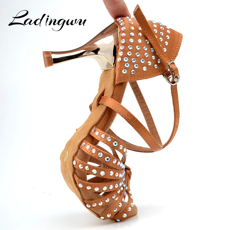 Ladingwu Dance Latin Shoes for Women Satin brown/Black Ballroom Dancing Shoes for Girls Glitter Rhinestone Boutique Heel 7.5/8.5