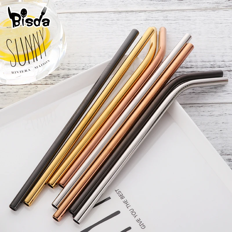 304 Stainless Steel Straight Bent Metal Straw with Brush, Fruit Juice Drinkware, Bar Party, 2Pcs, 8mm