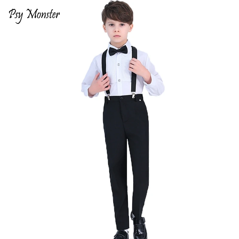 

Wedding Suit For Boys Kids Formal Prince student Dress Gentleman Kids Strap Shirt Pants Bowtie 4Pcs ceremony Costumes