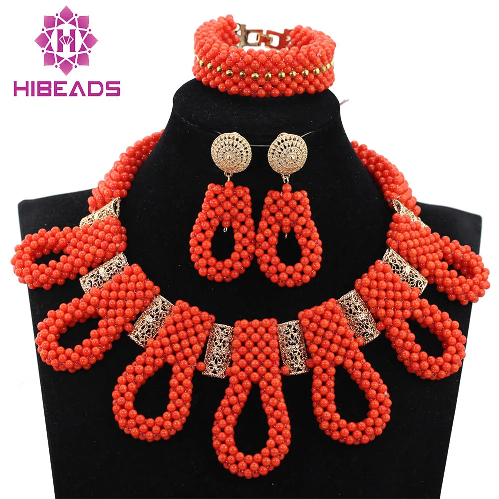 

New Chunky Bib Beads Bridal Necklace Set Exclusive Orange Wedding Beads African Jewelry Sets Gold Accessory Free Shipping ABH350