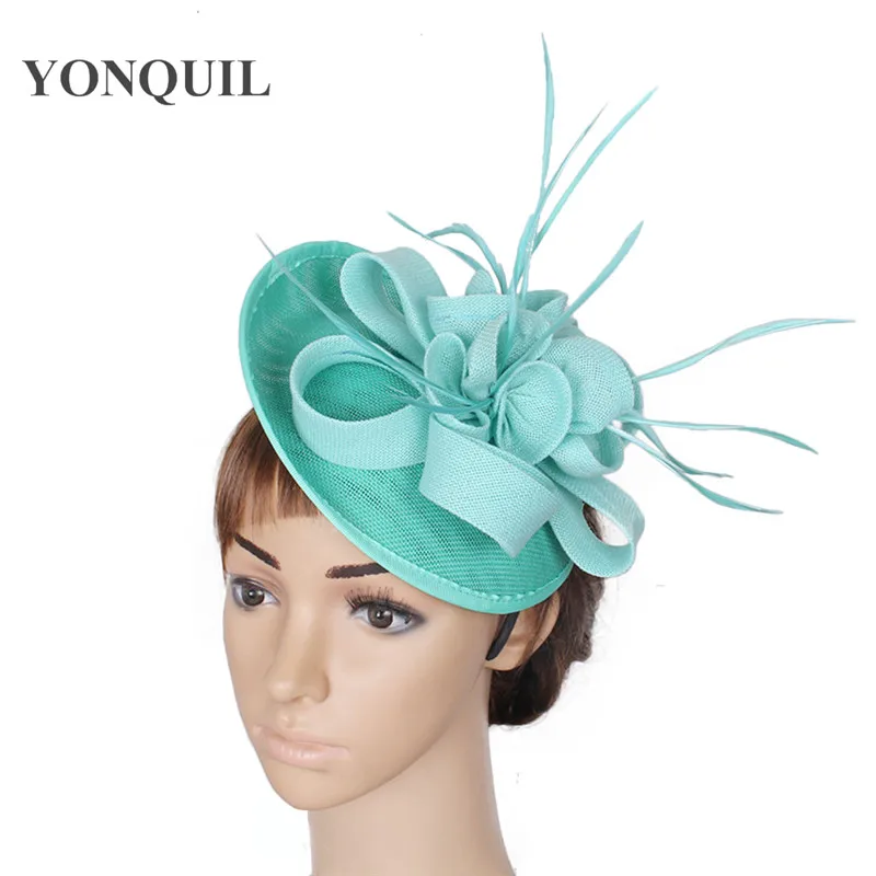 Emerald Green Church Headwear Imitation Sinamay Fascinator Wedding Hair Accessories Party Bridal Headpieces High Quality 16Color